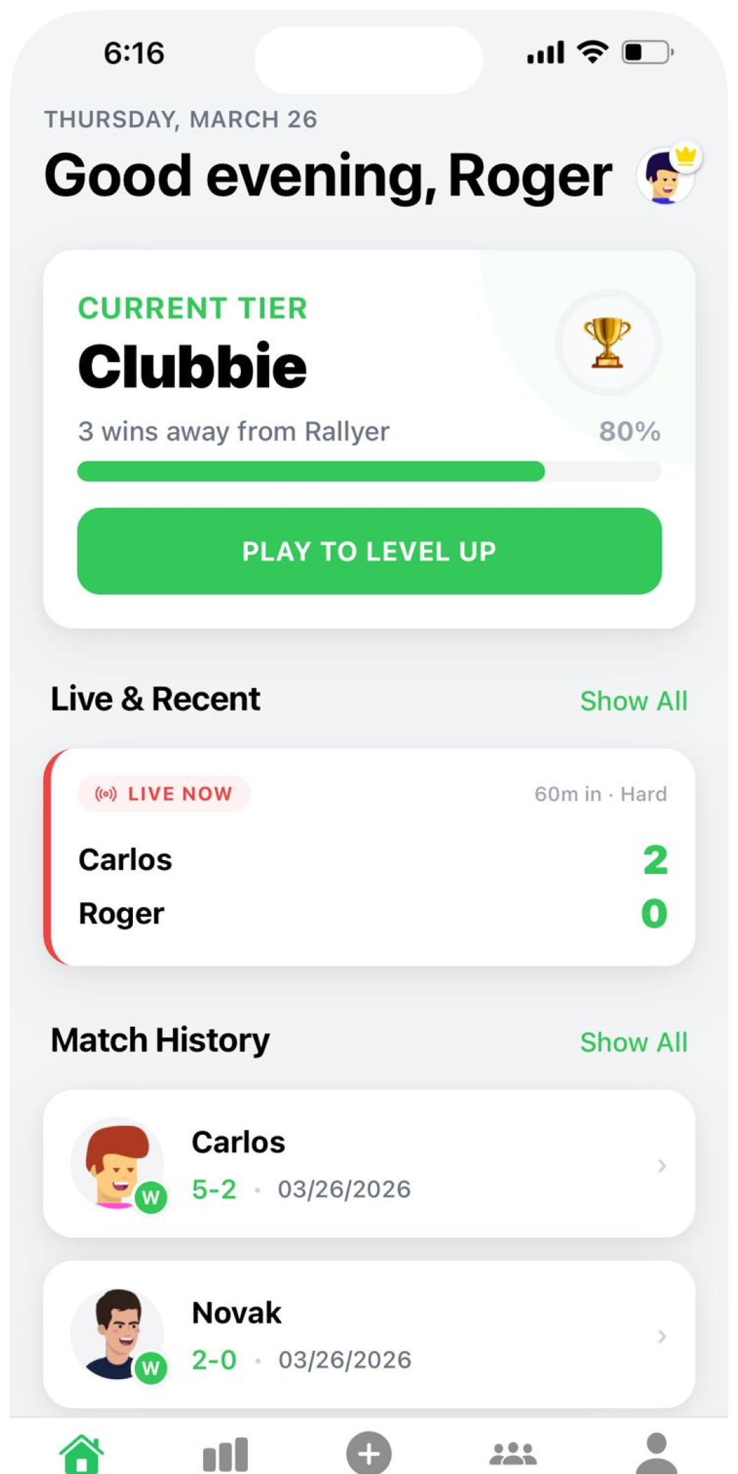 FuzzyTennis app screenshot showing tier progress, live scores, and match history