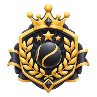 The FuzzyTennis GOAT tier badge — a gold crown and laurels over a black shield